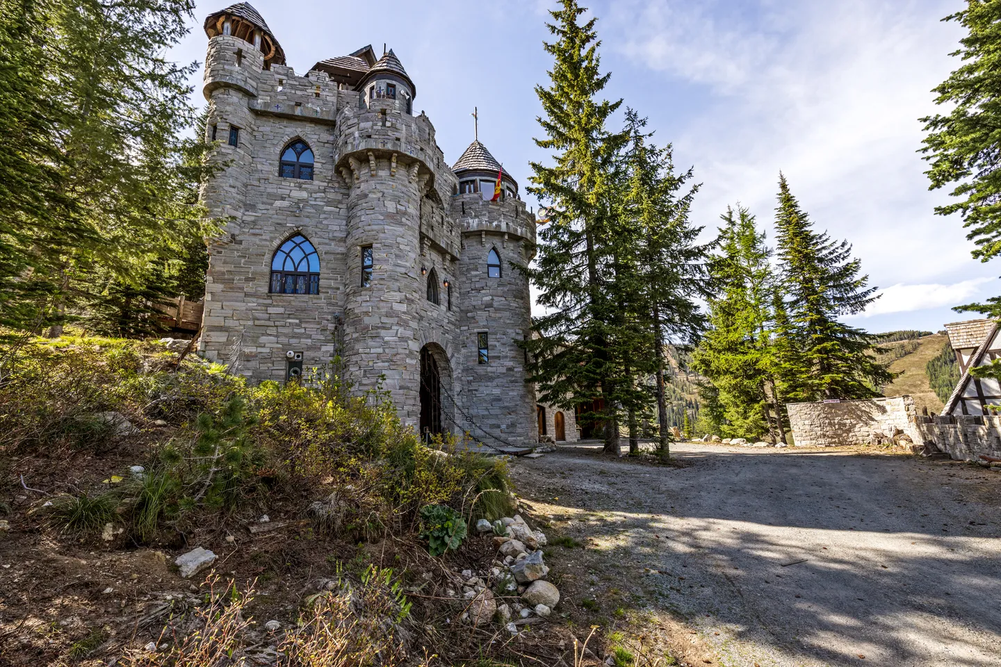Exterior of a stone castle-style house with turrets, arched windows, and a driveway surrounded by pine trees under a blue sky.