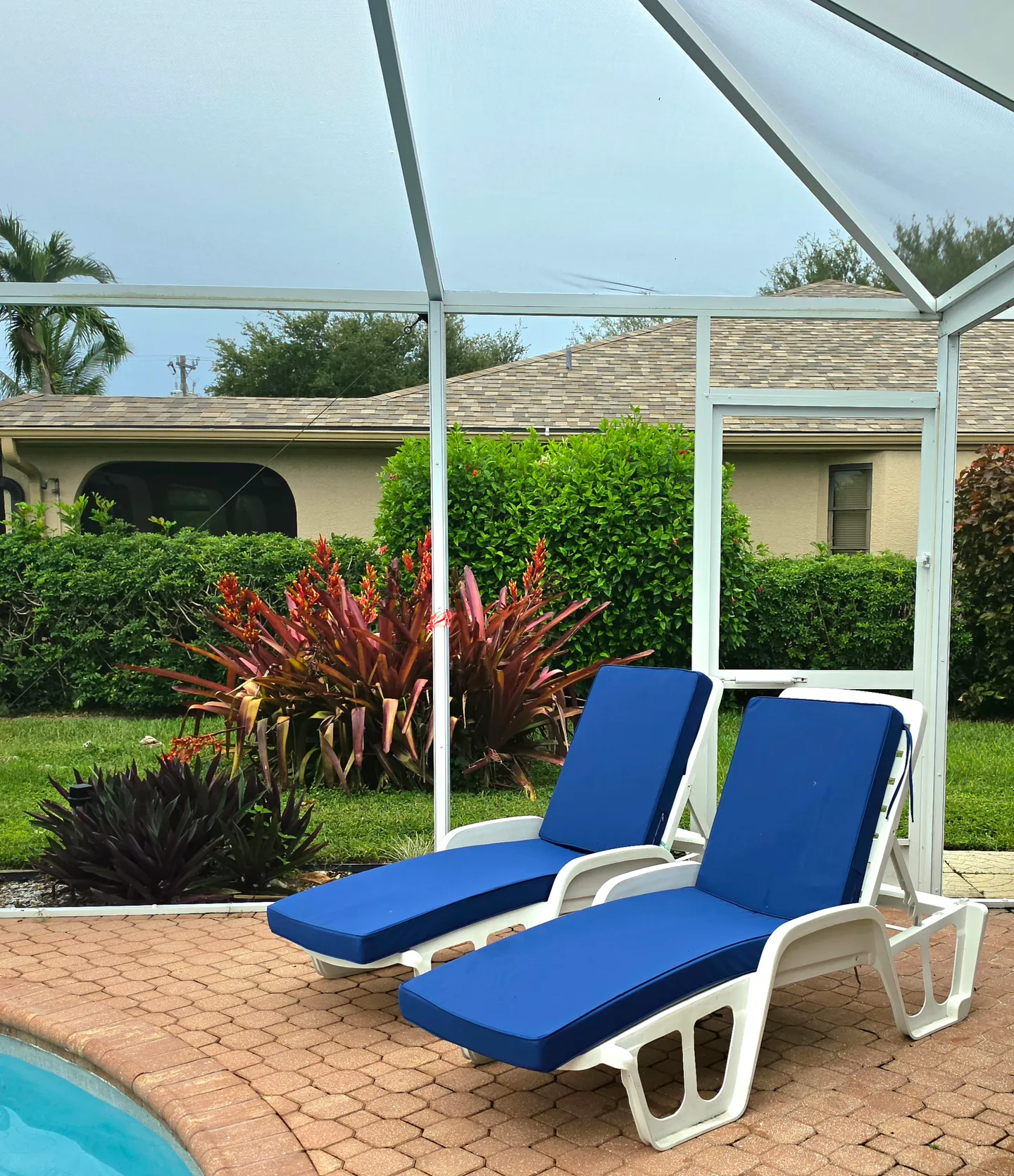 Two outdoor lounge chairs with blue cushions sit on a paved pool deck inside a screened enclosure.