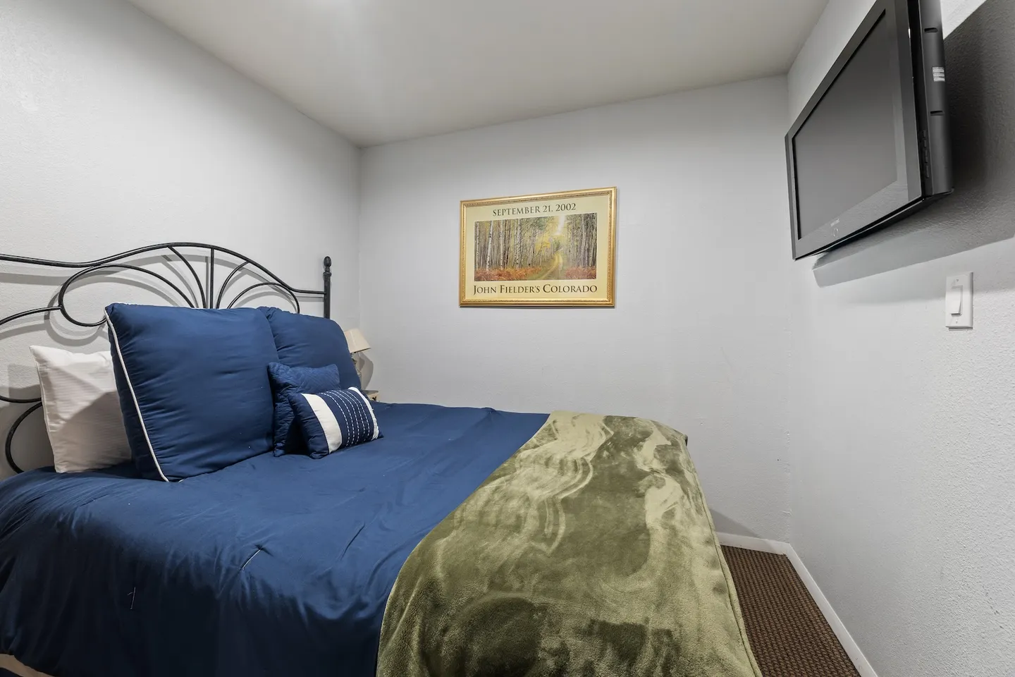 Bedroom with a metal frame bed, dark blue bedding, a framed picture on the wall, and a mounted flat-screen TV.