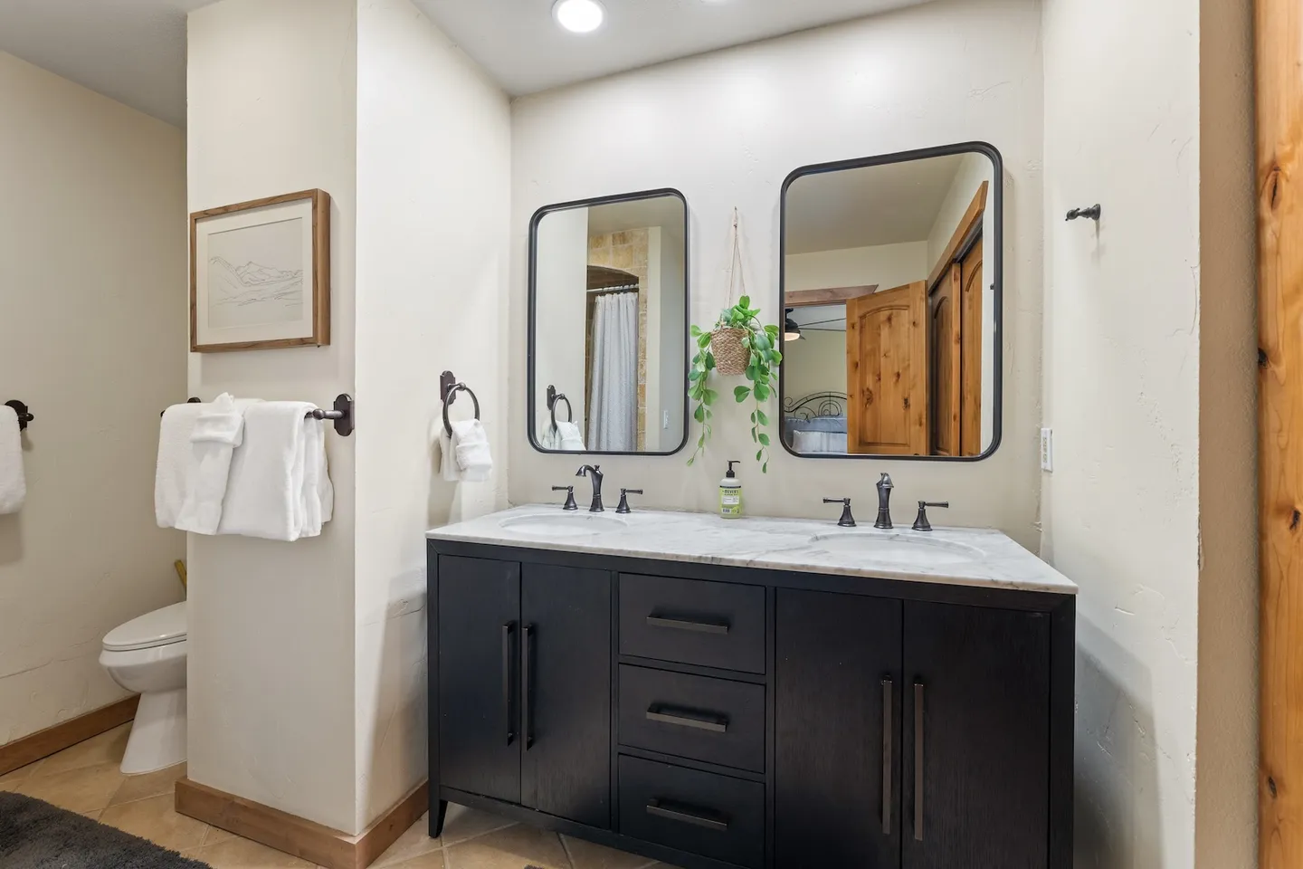 Bathroom with a dark double vanity, dual rounded rectangular mirrors, and a partial view of a toilet to the left.