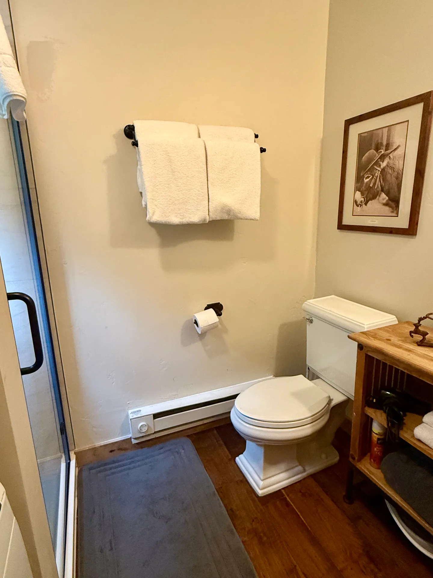 Bathroom with a toilet, dark towel rack holding white towels, a grey bath mat on wood-look flooring, and a glass-enclosed shower on the left.