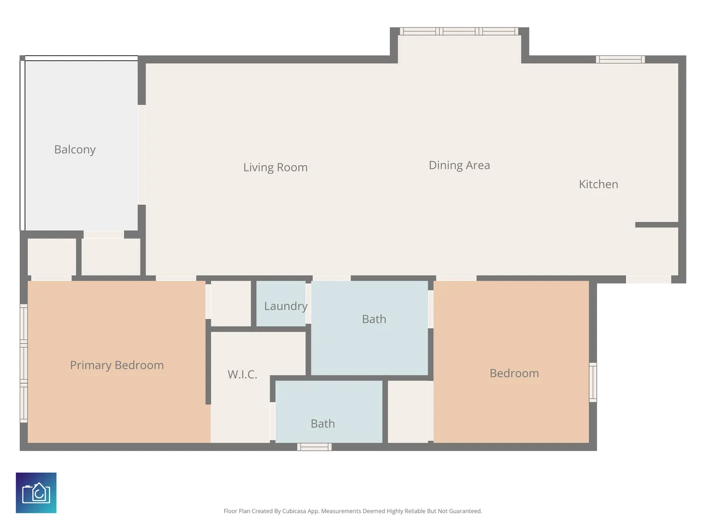 2D architectural floor plan illustrating the layout of a two-bedroom home with labeled rooms and a balcony.