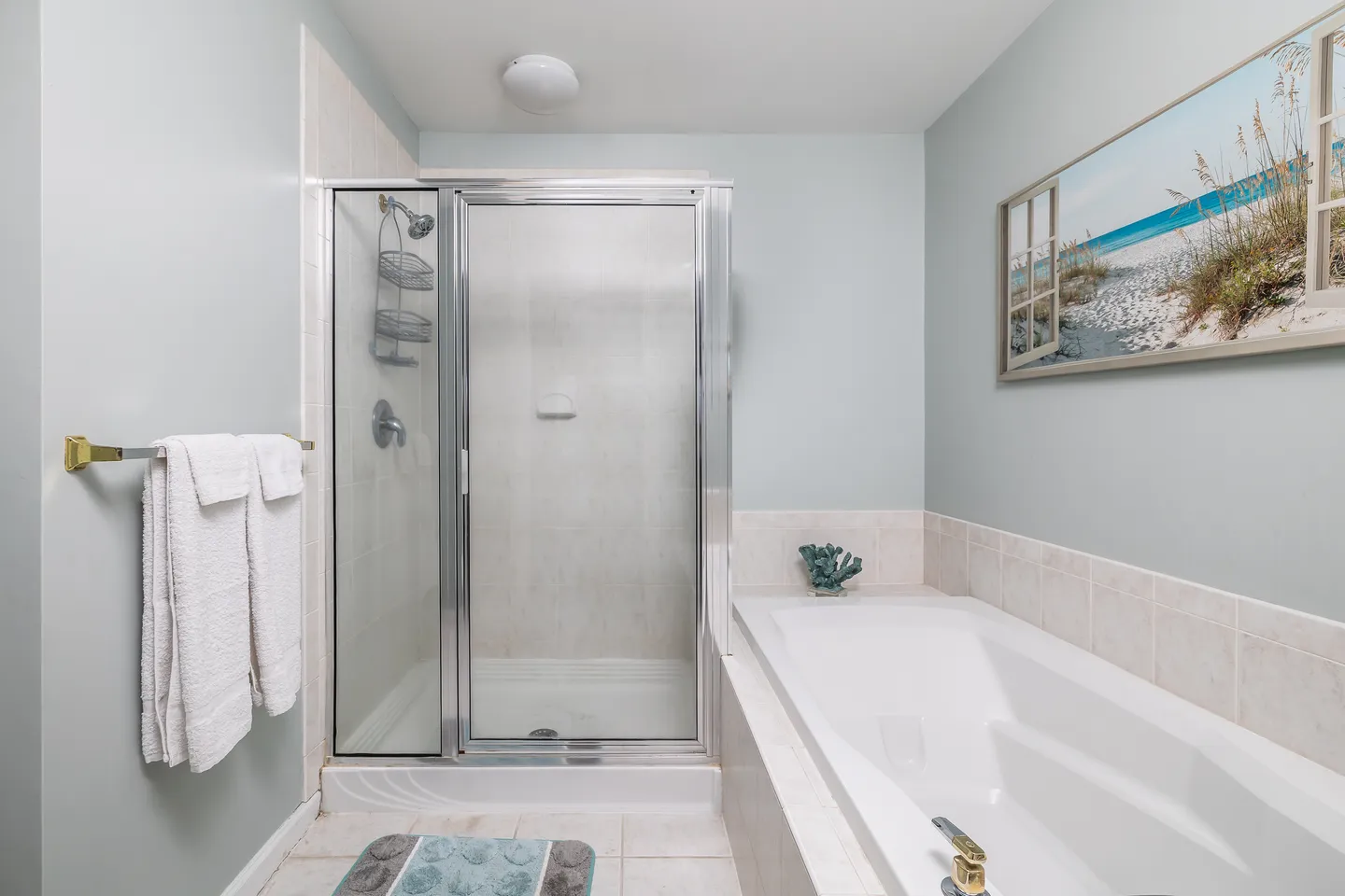 Bathroom with a glass-door walk-in shower and a built-in soaking bathtub.