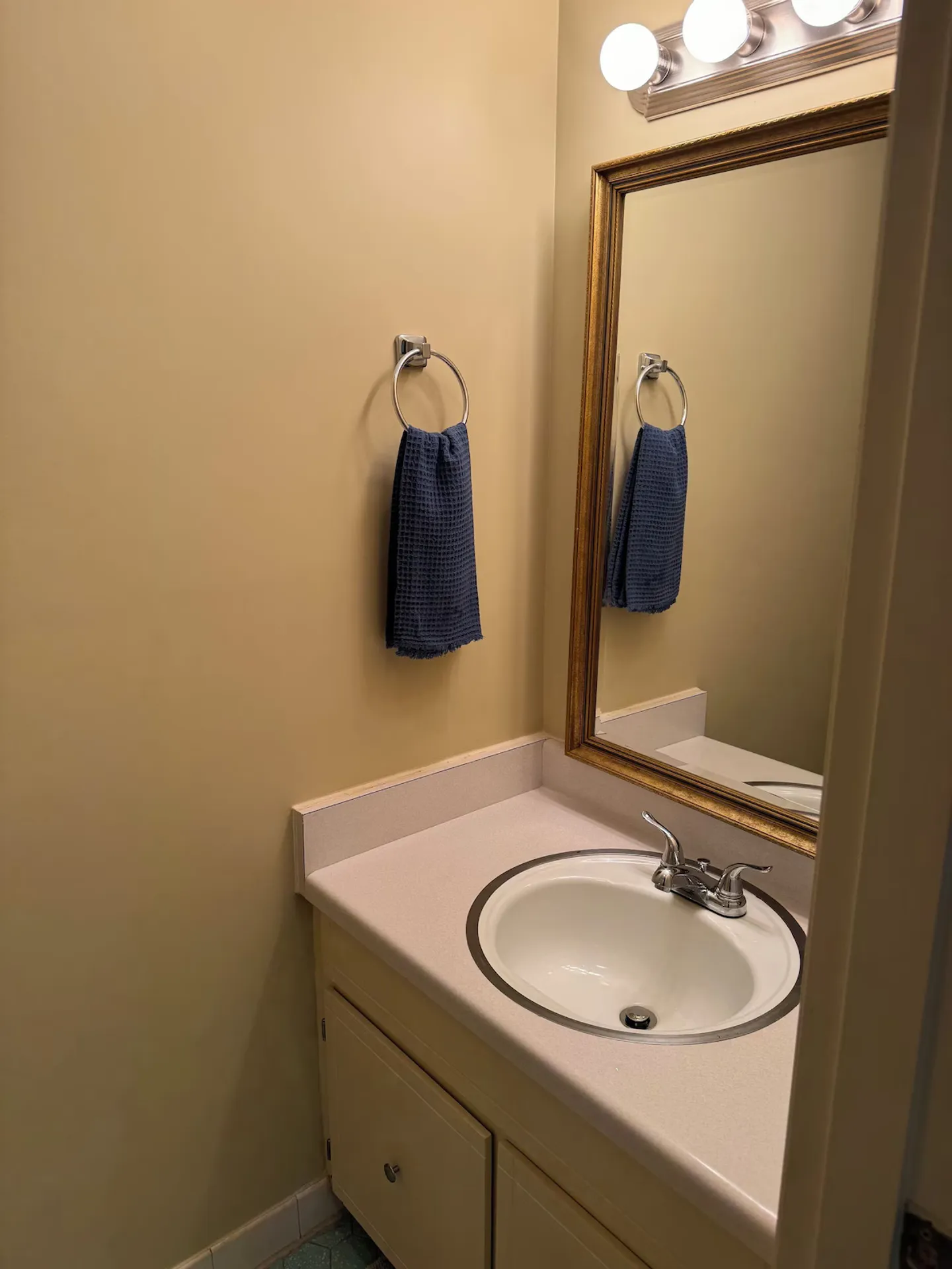 Bathroom vanity with a round sink, gold-framed mirror, vanity lighting, and a towel ring.