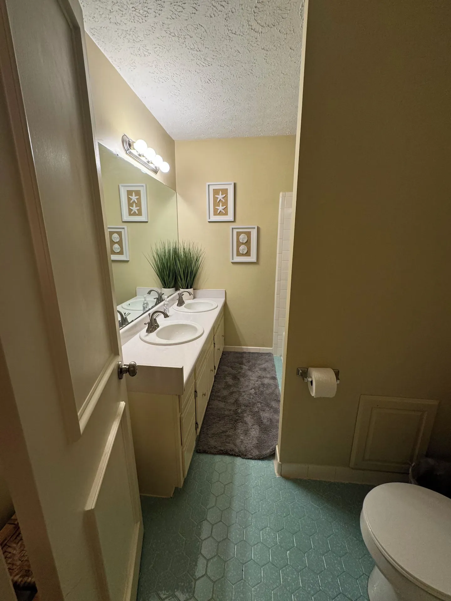 Bathroom with double-sink vanity, hexagonal floor tile, mirror, and toilet visible from the doorway.