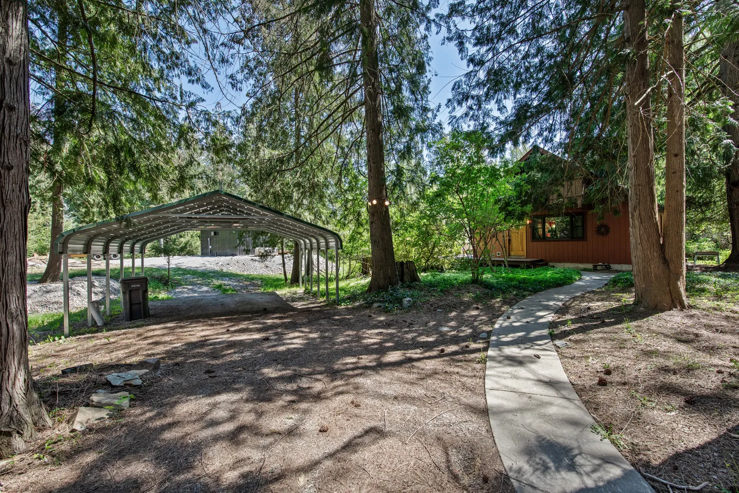 Outdoor driveway and yard with a curved concrete walkway leading toward a house framed by tall trees and a metal carport structure.