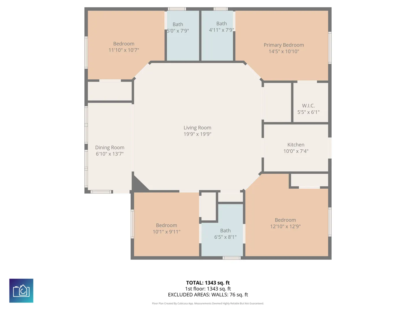 2D architectural floor plan diagram displaying the layout of a four-bedroom single-story home.