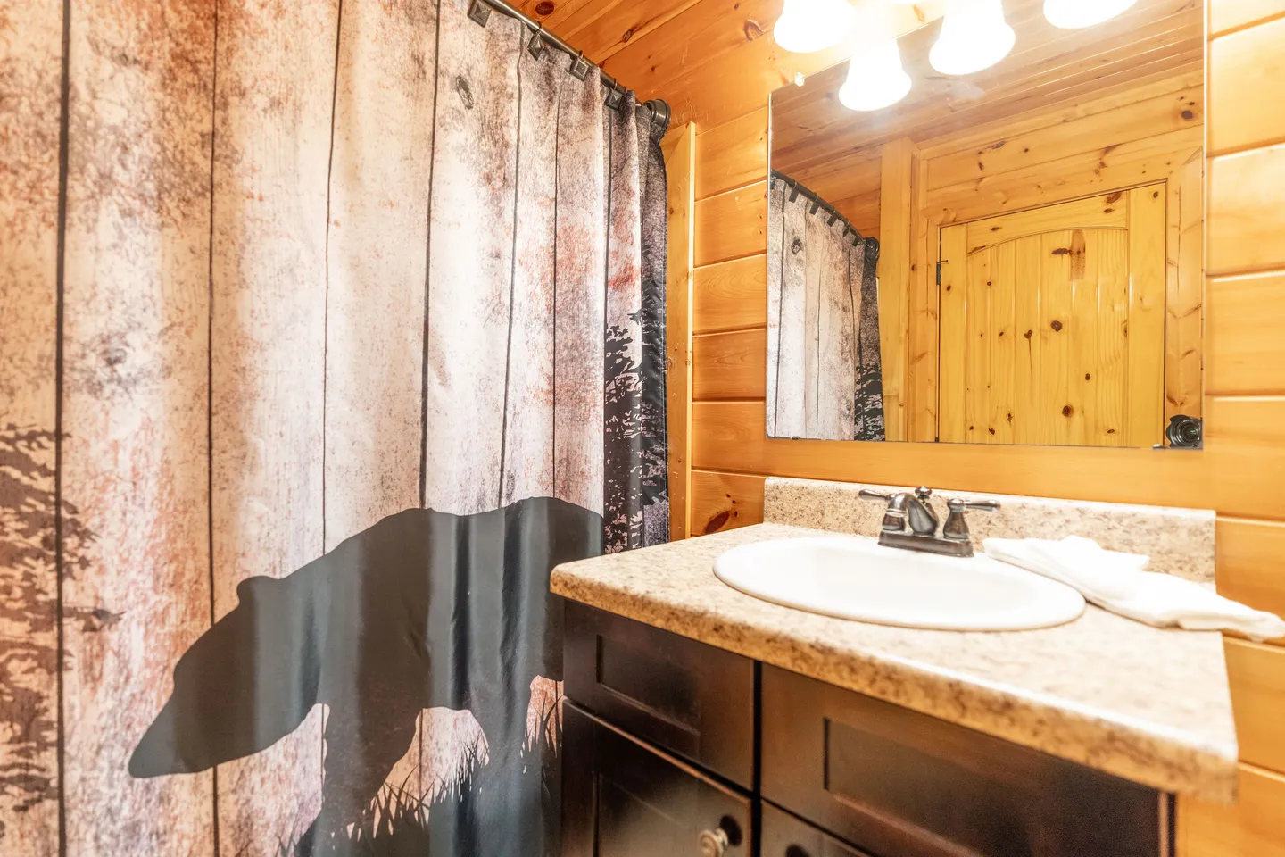 Bathroom with wood-paneled walls, vanity sink with mirror, and a shower curtain featuring a bear silhouette.