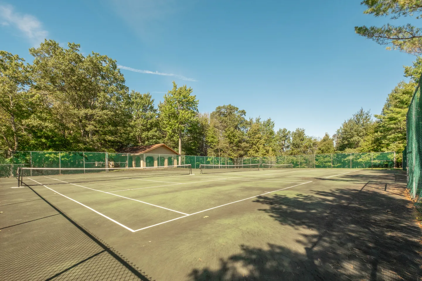 Outdoor tennis courts surrounded by a green mesh fence, lush trees, and a small pavilion under a clear blue sky.